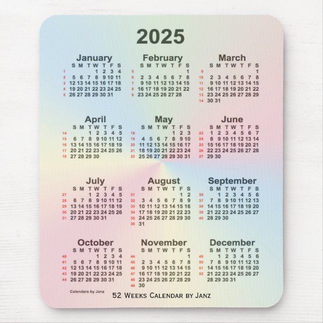 2025 Rainbow Cloud 52 Week Calendar by Janz Mouse Mat (Front)