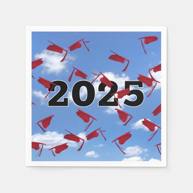 2025 Red Graduation Caps in Sky Napkin (Front)