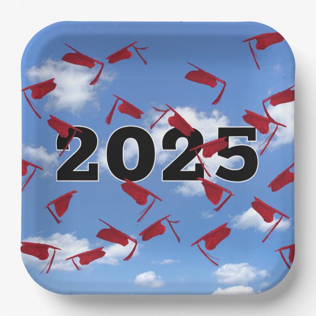 2025 Red Graduation Caps in Sky Paper Plate (Front)