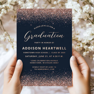 2025 Rose Gold Glitter Navy Blue Graduation Party