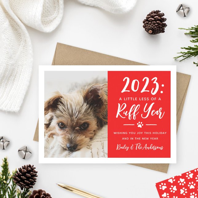 2025 Ruff Year Red Funny Dog Photo Holiday Card (Creator Uploaded)