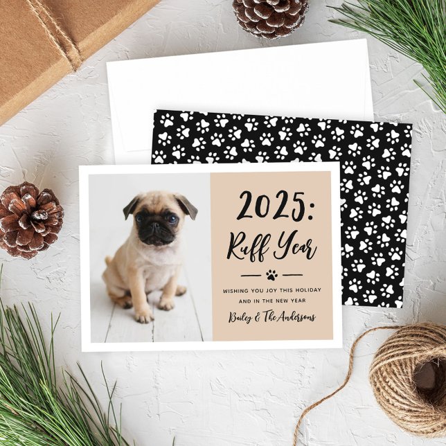 2025 Ruff Year Tan Funny Dog Photo Holiday Card (Creator Uploaded)