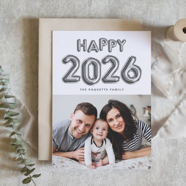 2025 Silver Foil Mylar Balloons Photo New Year Holiday Card (Customizable photo Happy 2026 New Year card featuring silver foil mylar balloons.)