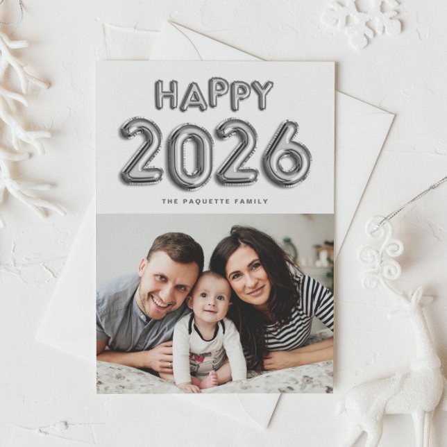 2025 Silver Foil Mylar Balloons Photo New Year Holiday Postcard (Customizable photo Happy 2026 New Year postcard featuring silver foil mylar balloons.)