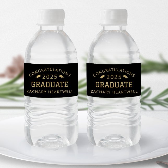 2025 Sporty Black Gold Graduation Water Bottle Label (Creator Uploaded)