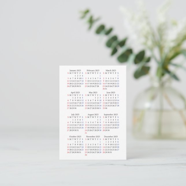 2025 Sunday Start Mini-Calendar All White Business Card (Standing Front)