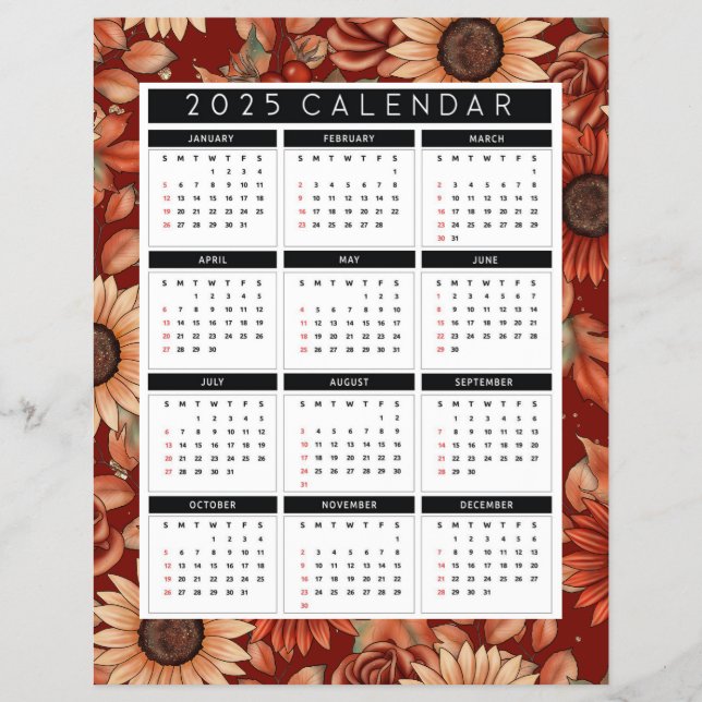 2025 Sunflower Flyer Calendar – Year-at-a-Glance (Front)
