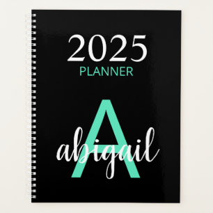 2025 Teal Black Simple Modern Monogram Name  Planner