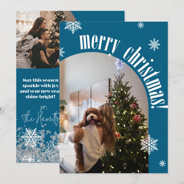2025 Teal Retro Merry Christmas Glitter Photo Card (Front/Back)