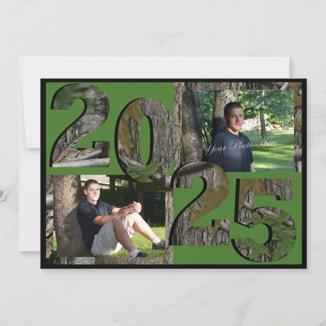 2025 Tree Camo Graduation Twin Photo Green Invitation (Front)