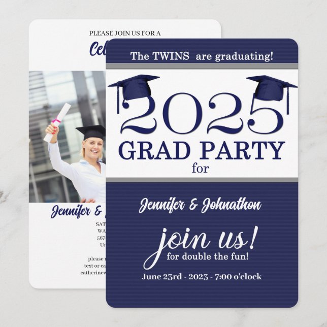 2025 Twin Graduate Blue Pinstripe Photo Graduation Invitation (Front/Back)