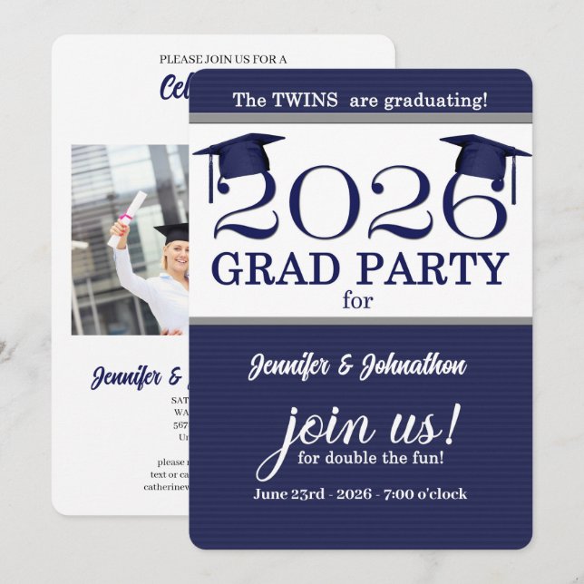 2025 Twin Graduate Blue Pinstripe Photo Graduation Invitation (Front/Back)