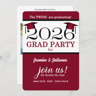 2025 Twin Graduate Red Pinstripe Photo Graduation Invitation