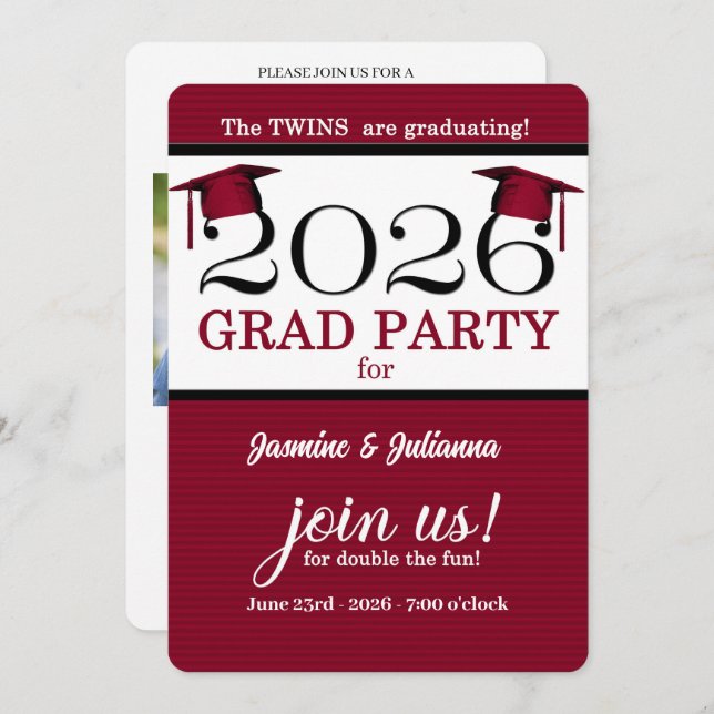 2025 Twin Graduate Red Pinstripe Photo Graduation Invitation (Front/Back)