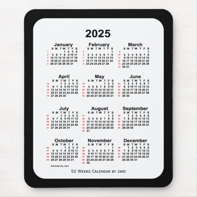 2025 Two Tone Black 52 Week Calendar by Janz Mouse Mat (Front)