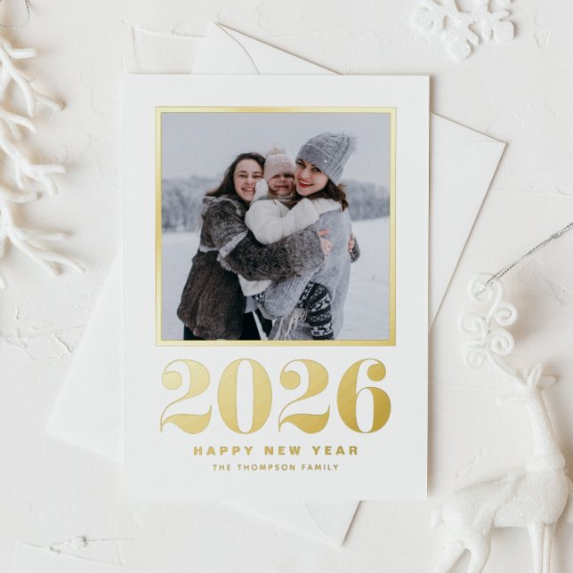 2025 Typography Happy New Year Photo Foil Holiday Postcard (Welcome 2026 with this gold foil New Year photo postcard featuring retro bold typography.)