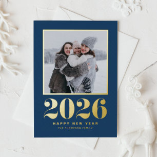 2025 Typography Navy Blue Happy New Year Photo Foil Holiday Card