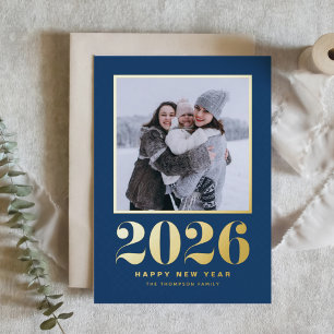 2025 Typography Navy Blue Happy New Year Photo Foil Holiday Card