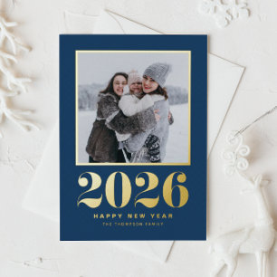 2025 Typography Navy Blue Happy New Year Photo Foil Holiday Postcard