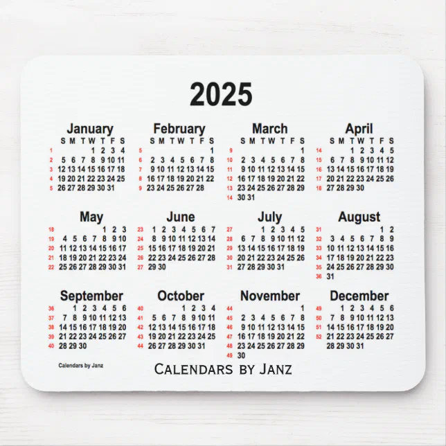 2025 White 52 Weeks Calendar by Janz Mouse Mat Zazzle