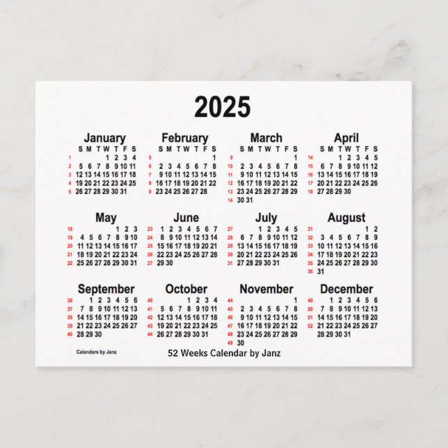 2025 White 52 Weeks Calendar by Janz Postcard (Front)