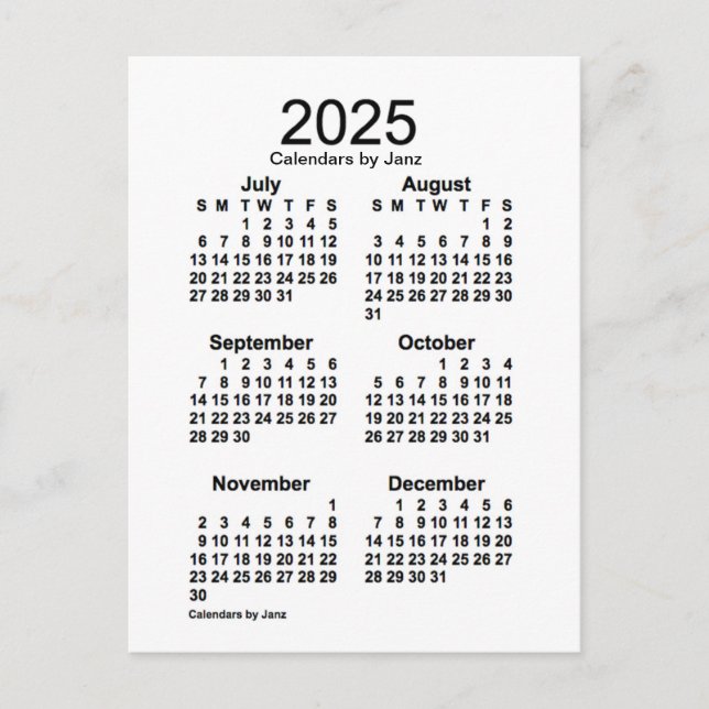2025 White 6 Month Mini Calendar by Janz Postcard (Front)