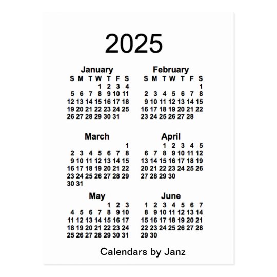 2025 White 6 Month Mini Calendar by Janz Postcard Zazzle.co.uk