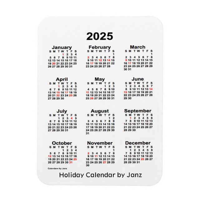 2025 White  Holiday Calendar by Janz Magnet (Vertical)
