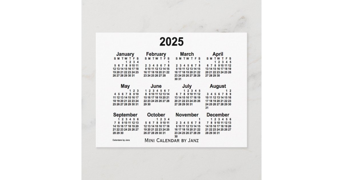 2025 White Mini Calendar by Janz Postcard Zazzle