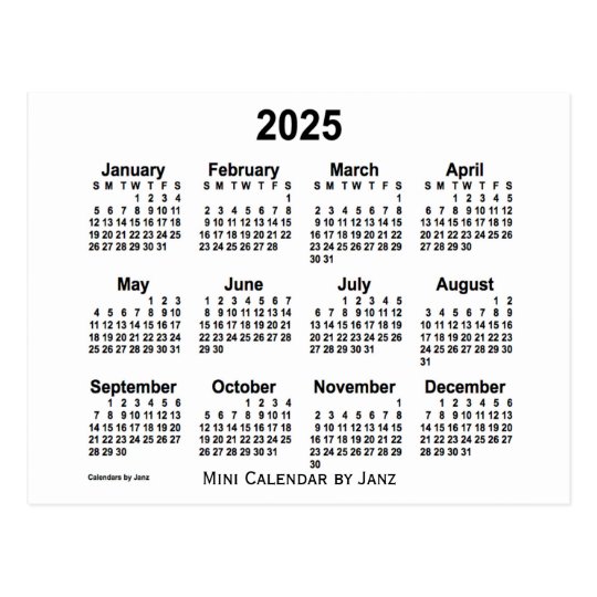 2025 White Mini Calendar by Janz Postcard Zazzle.co.uk