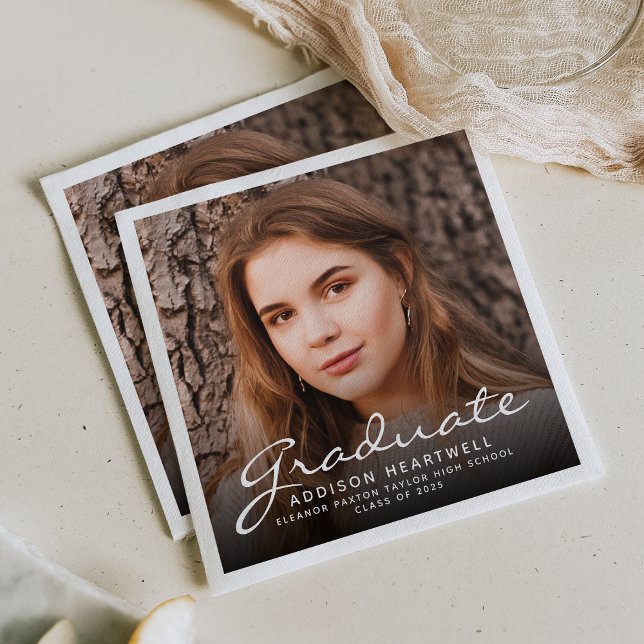 2025 White Script Photo Graduation Party Napkin (Creator Uploaded)