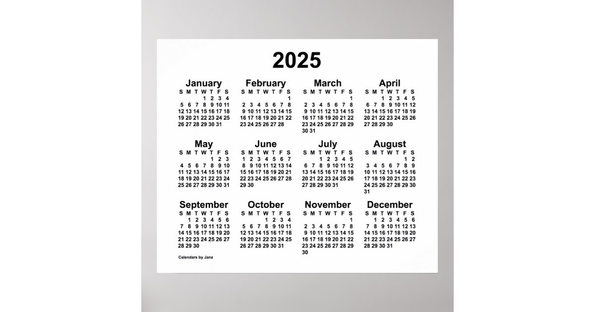 2025 White Wall Calendar by Janz Poster Zazzle