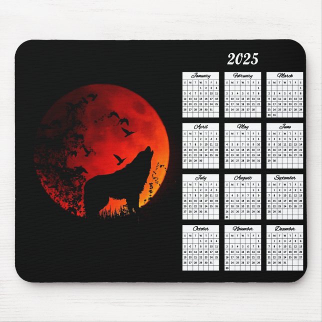 2025 Wolf Silhouette and Blood Moon Calendar Mouse Mat (Front)