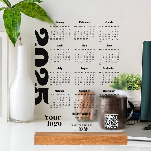 2025 Year Calendar Black And White Corporate Acrylic Sign (Kalender Deutsch 2025 Yearly Modern Acrylic Sign)