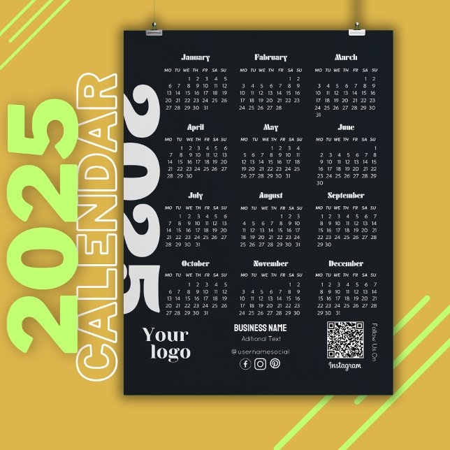 2025 Year Calendar Black And White Corporate Magnetic Invitation (yearly calendar, 2025 yearly calendar, corporate calendar, 5x7 magnets office gifts, )