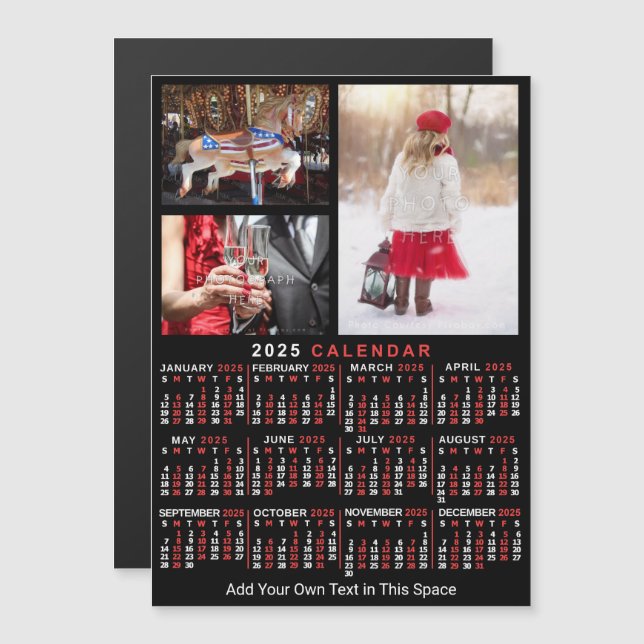 2025 Year Calendar Black Red Personalised Photo Magnetic Invitation (Front/Back)
