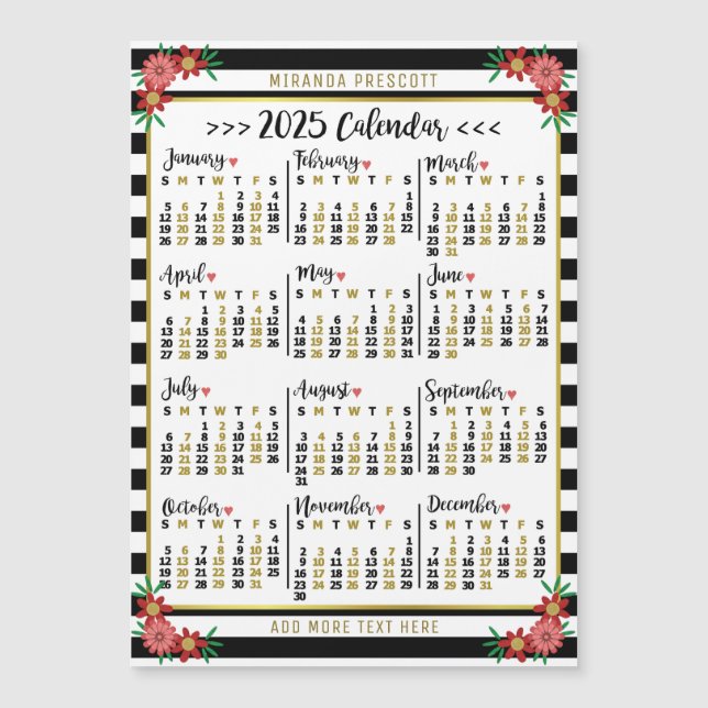 2025 Year Calendar Black Stripe Floral Name Magnet (Front)