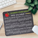 2025 Year Calendar Chalkboard School Teacher Name Mouse Mat<br><div class="desc">This 2025 year monthly calendar mousepad / mousemat shows the days of the week for each month. The design includes a chalkboard look, plus a graphic of a worm in an apple and a pencil. You can also add your custom text in green at the top. Just use the easy...</div>
