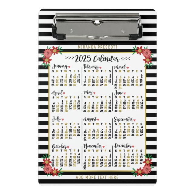 2025 Year Calendar Cute Floral Stripes | Custom Mini Clipboard (Front)