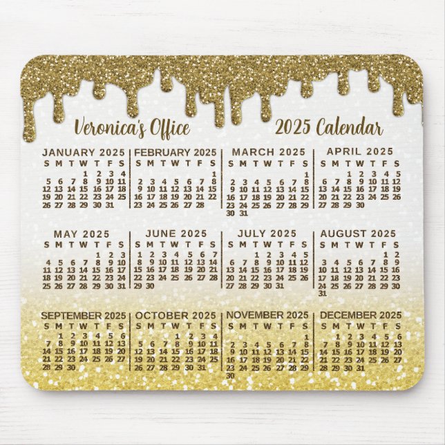 2025 Year Calendar Faux Gold Glitter Drips Custom Mouse Mat (Front)