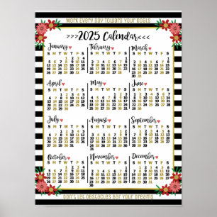2025 Year Calendar Floral Stripes Custom Text Poster