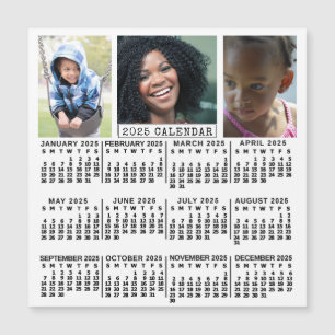 2025 Year Calendar White   3 Photo Collage Magnet