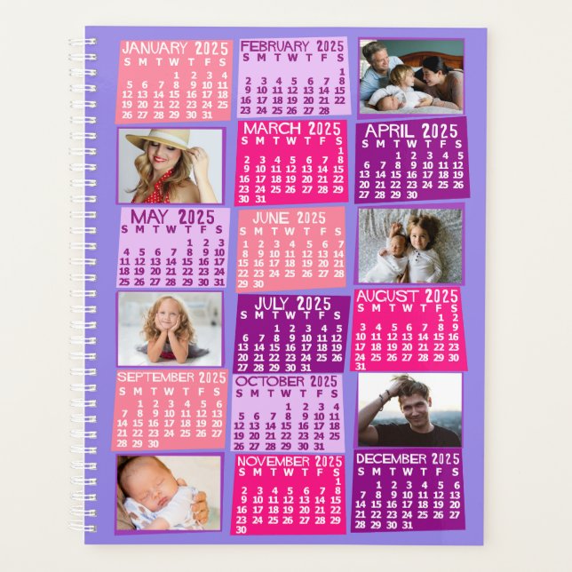 2025 Year Monthly Calendar 12 Photo Collage Pink Planner (Front)