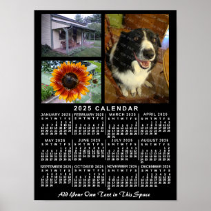 2025 Year Monthly Calendar Black Custom 3 Photos Poster