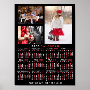 2025 Year Monthly Calendar Black Custom 3 Photos Poster