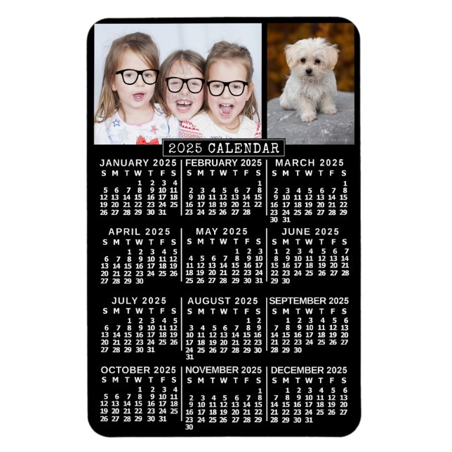 2025 Year Monthly Calendar Black | Photo Template Magnet (Vertical)
