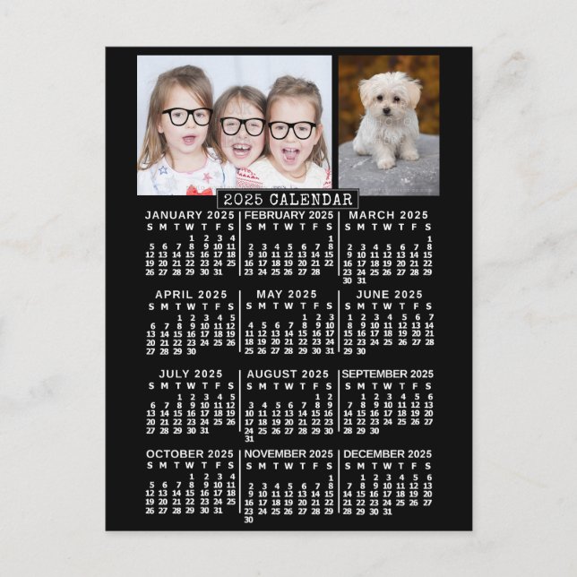 2025 Year Monthly Calendar Black | Photo Template Postcard (Front)
