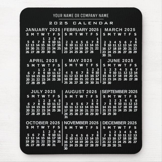 2025 Year Monthly Calendar Black White Custom Name Mouse Mat (Front)