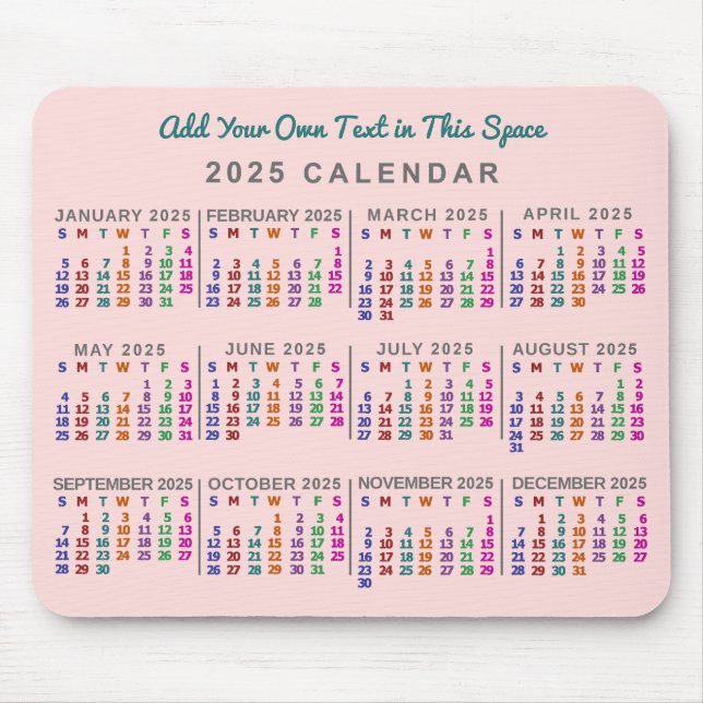 2025 Year Monthly Calendar Blush Pink Personalised Mouse Mat (Front)