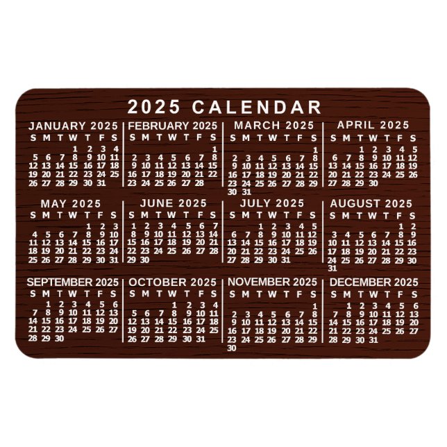 2025 Year Monthly Calendar Brown Wood Grain Simple Magnet (Horizontal)